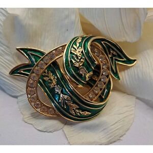 Joan Rivers Gold Tone Green Enamel Rhinestone Ribbon Brooch